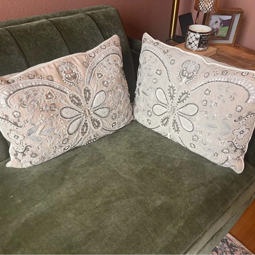 NOBLE EXCELLENCE® Two Embroidered Jeweled Tan Cream‎ & Silver Decorative Pillows